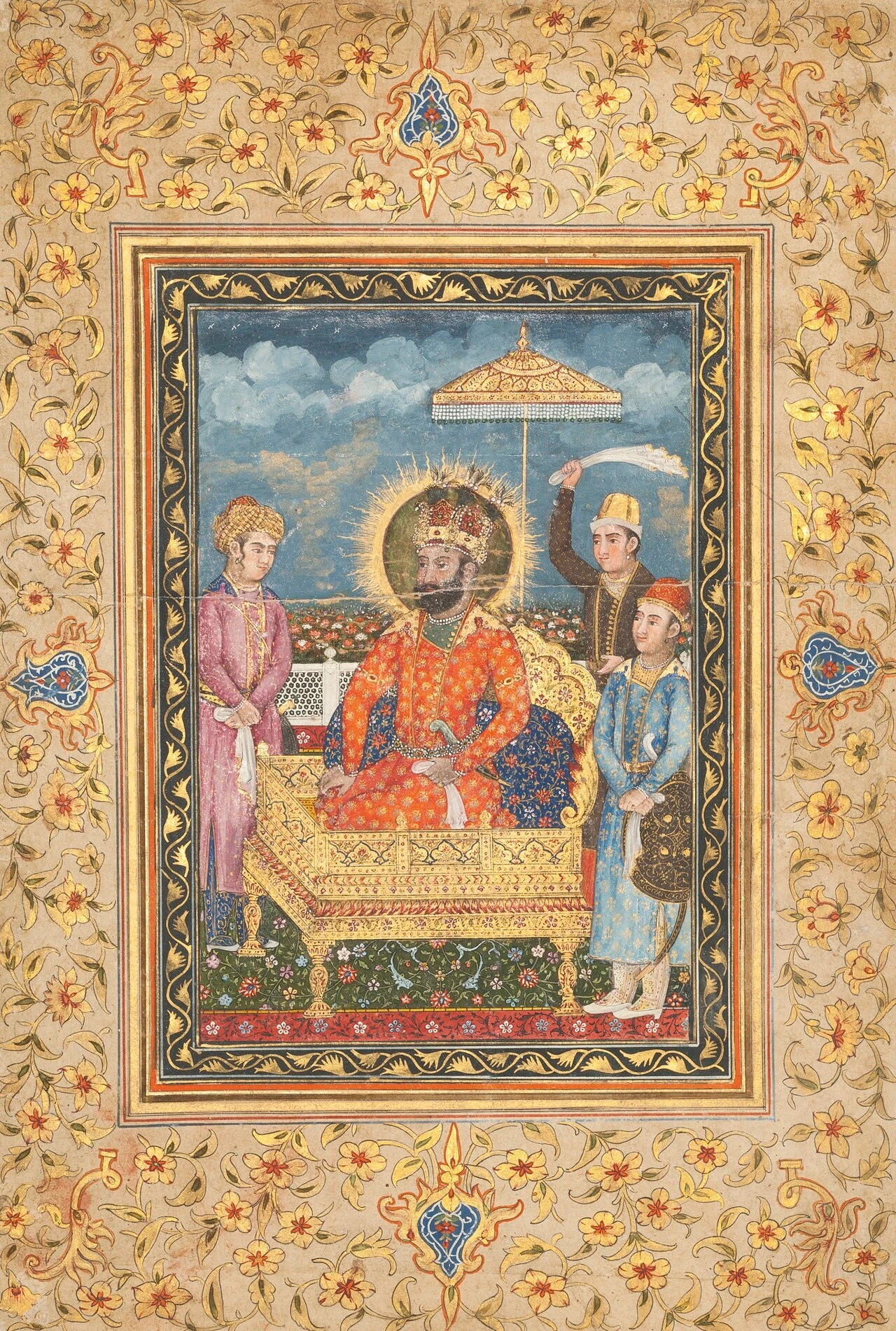 Painting of a crowned ruler on a throne.