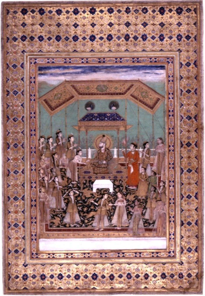Indian painting of a king seated on a jewelled throne with a halo