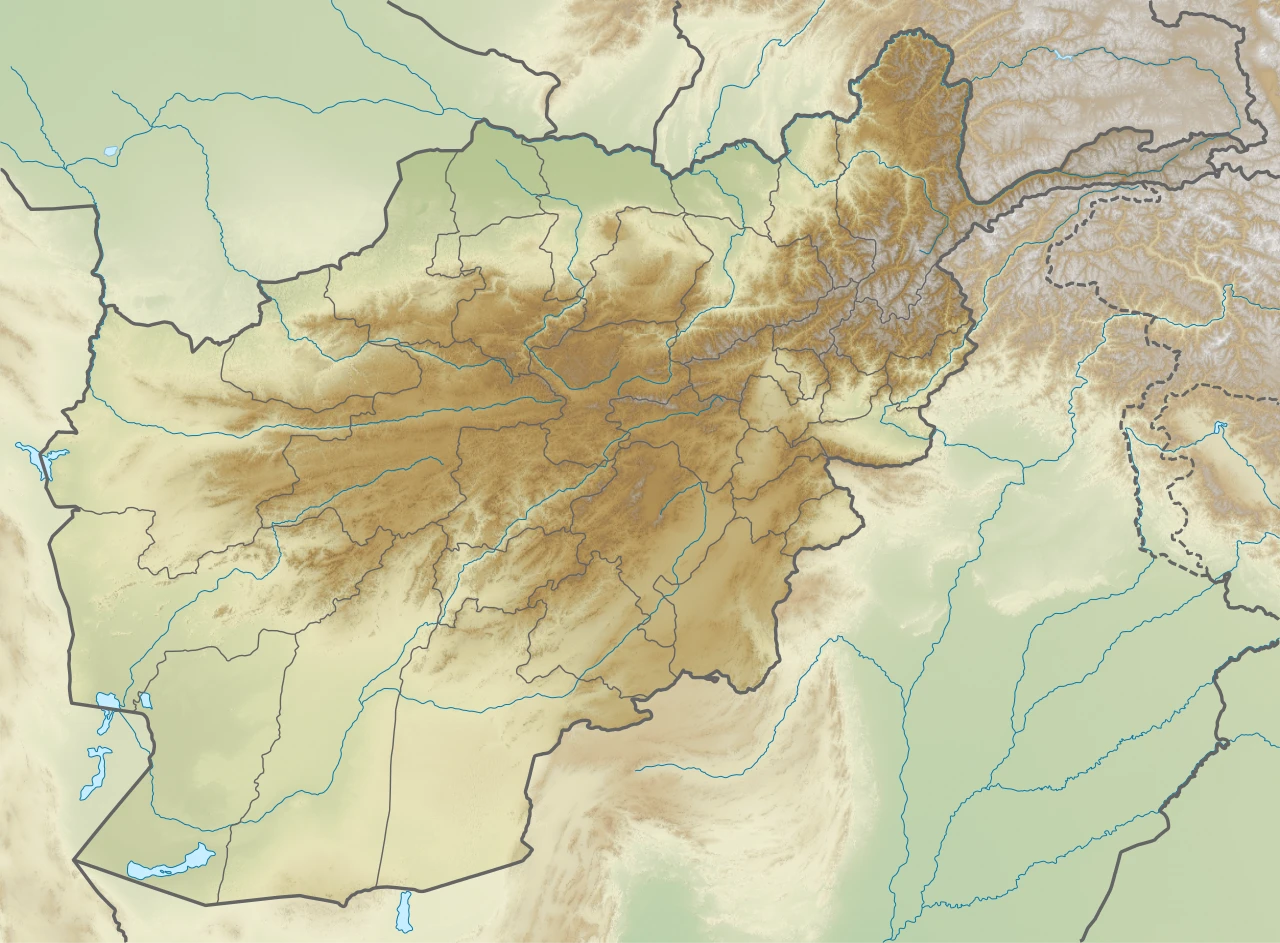 A physical map of Afghanistan showing mountains, deserts and river valleys.