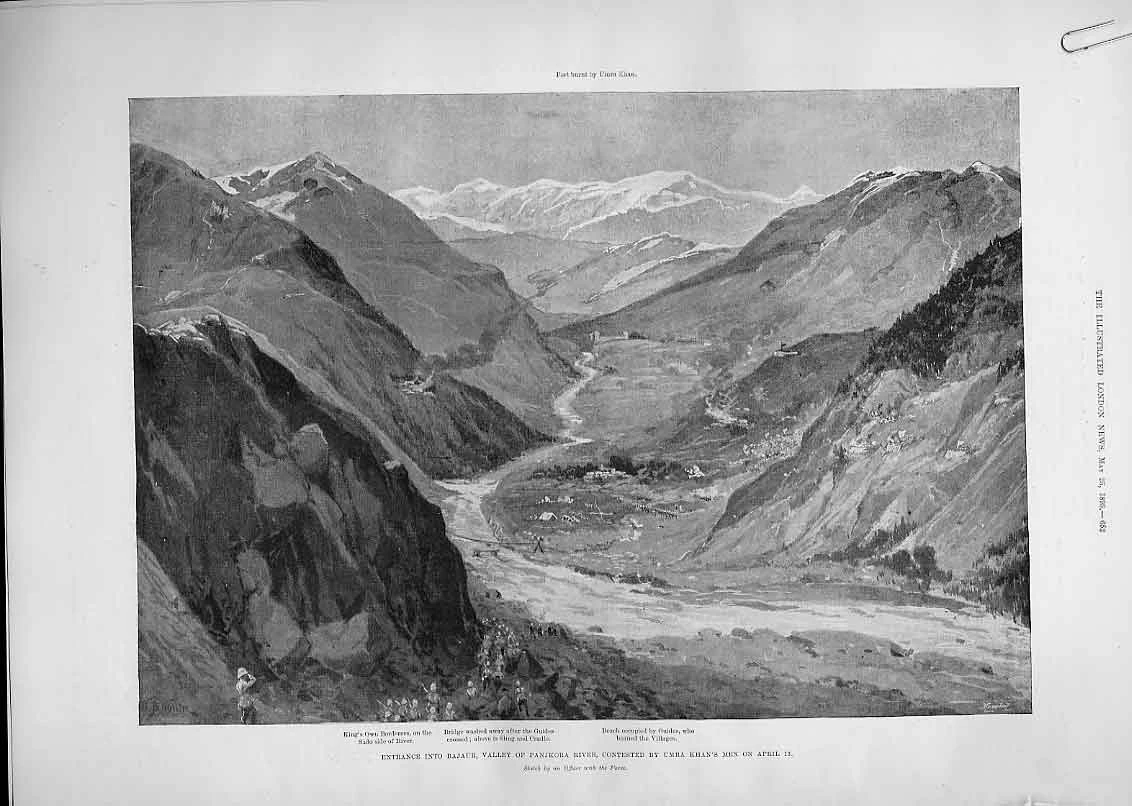 Engraving of a river valley between steep hills