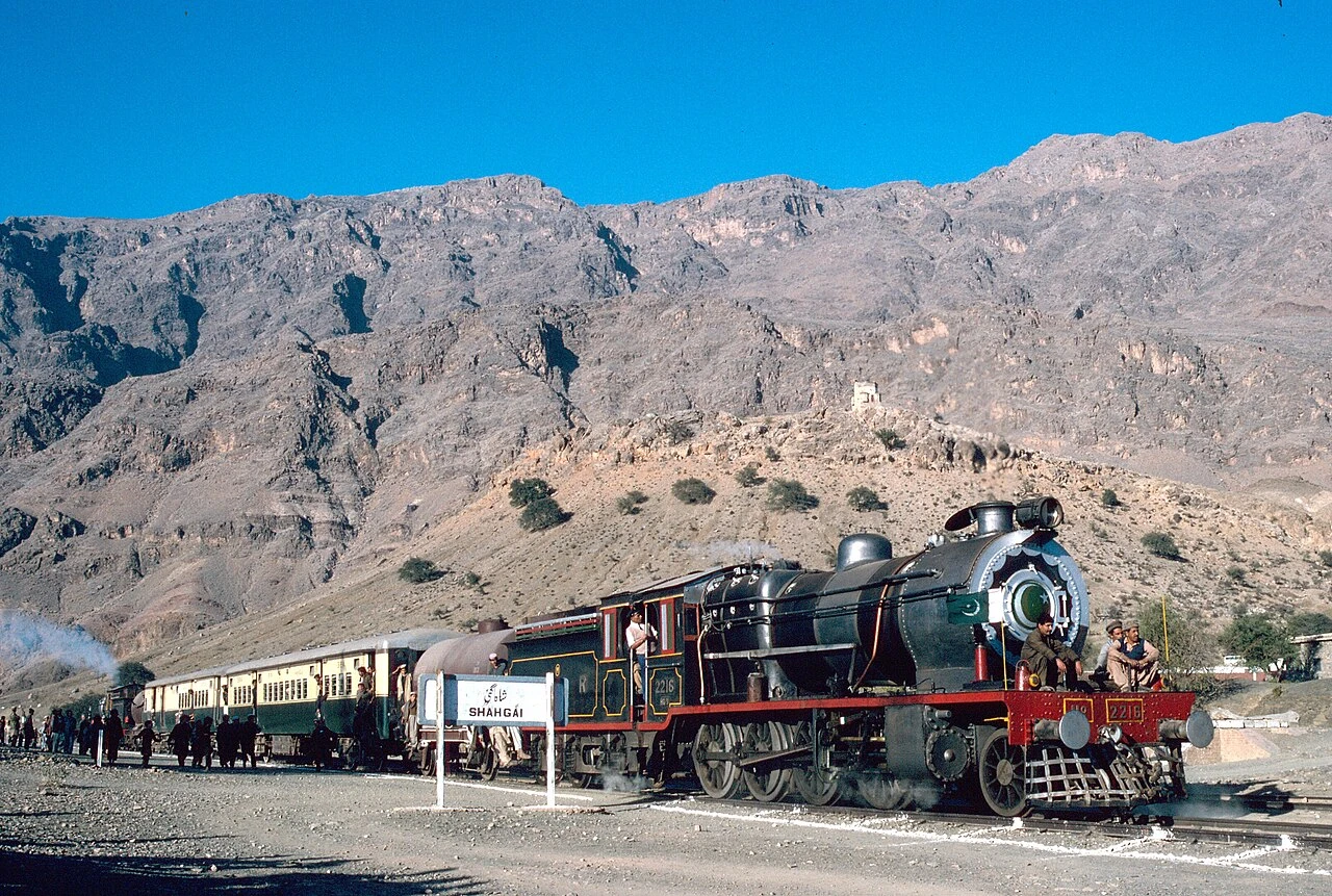 A steam train waiting at Shahgai station on the Khyber Railway.