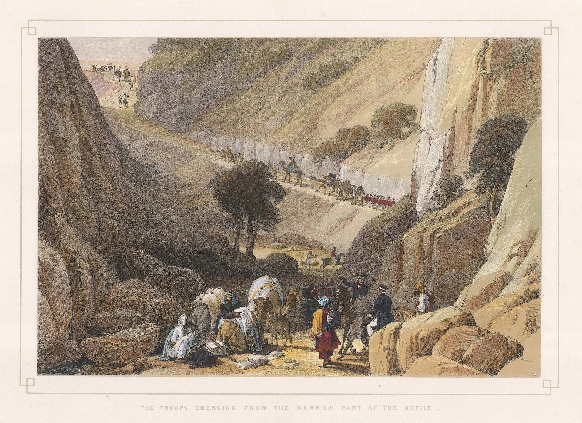 Lithograph of soldiers and baggage animals coming out of a narrow rocky gorge