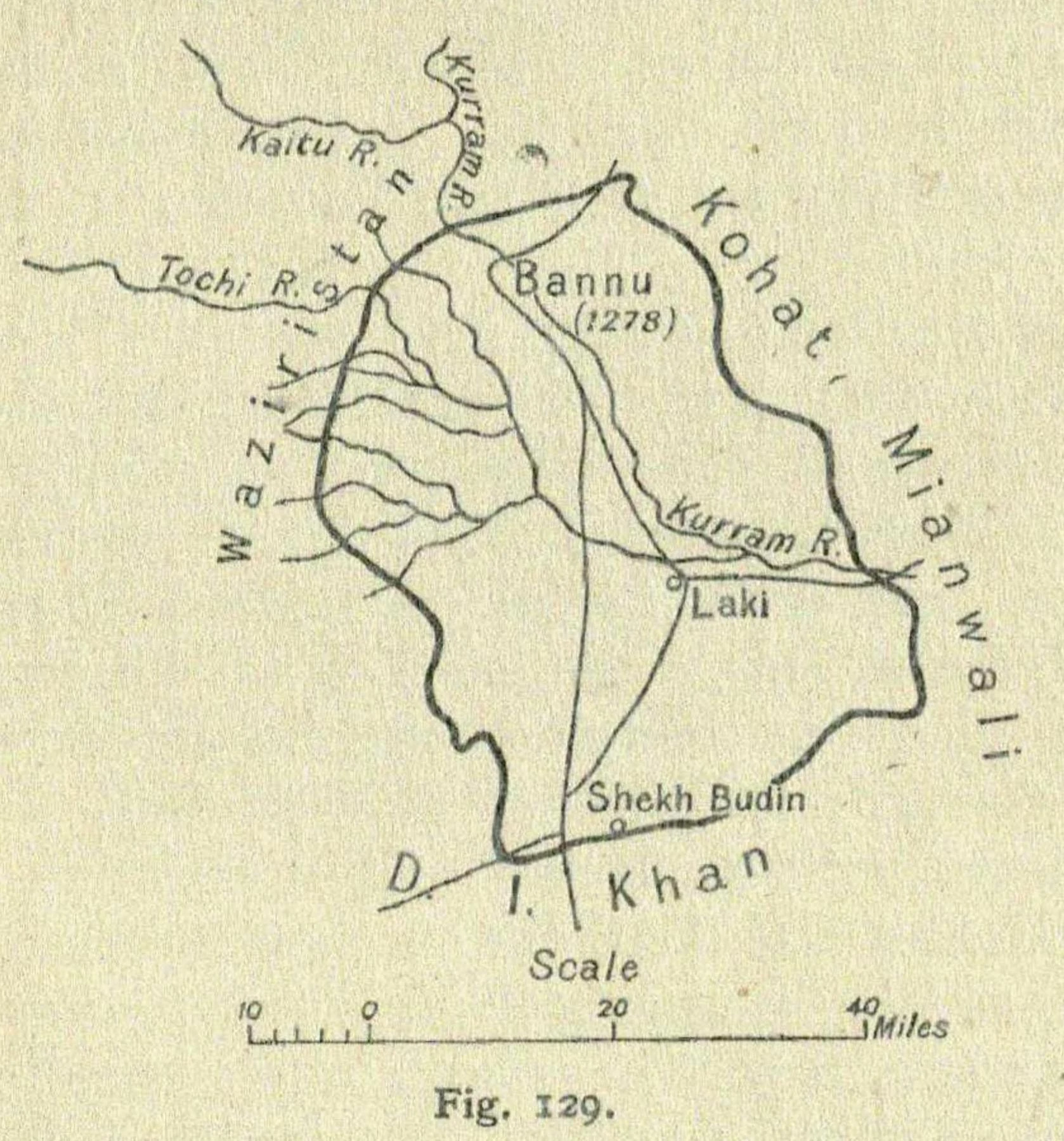 Old printed map of Bannu district showing the Marwat plain, the Kurram and the hills