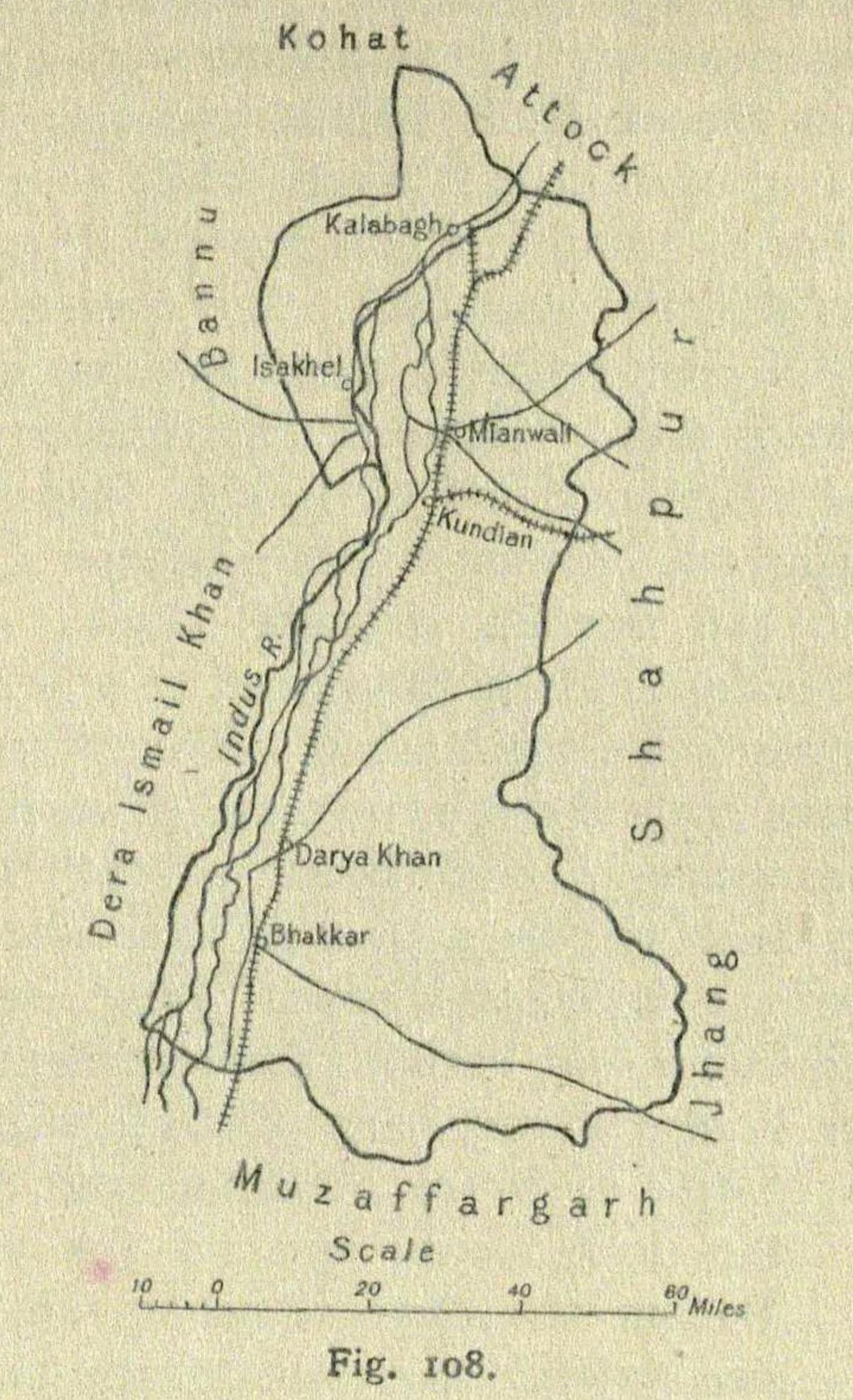 Old printed map of Mianwali district on both banks of the Indus