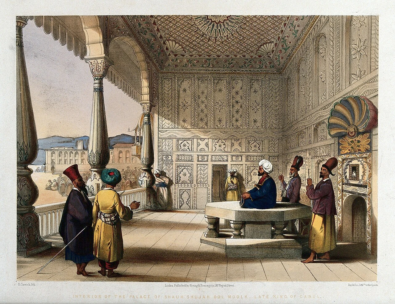 Coloured lithograph of men seated in a decorated palace room.