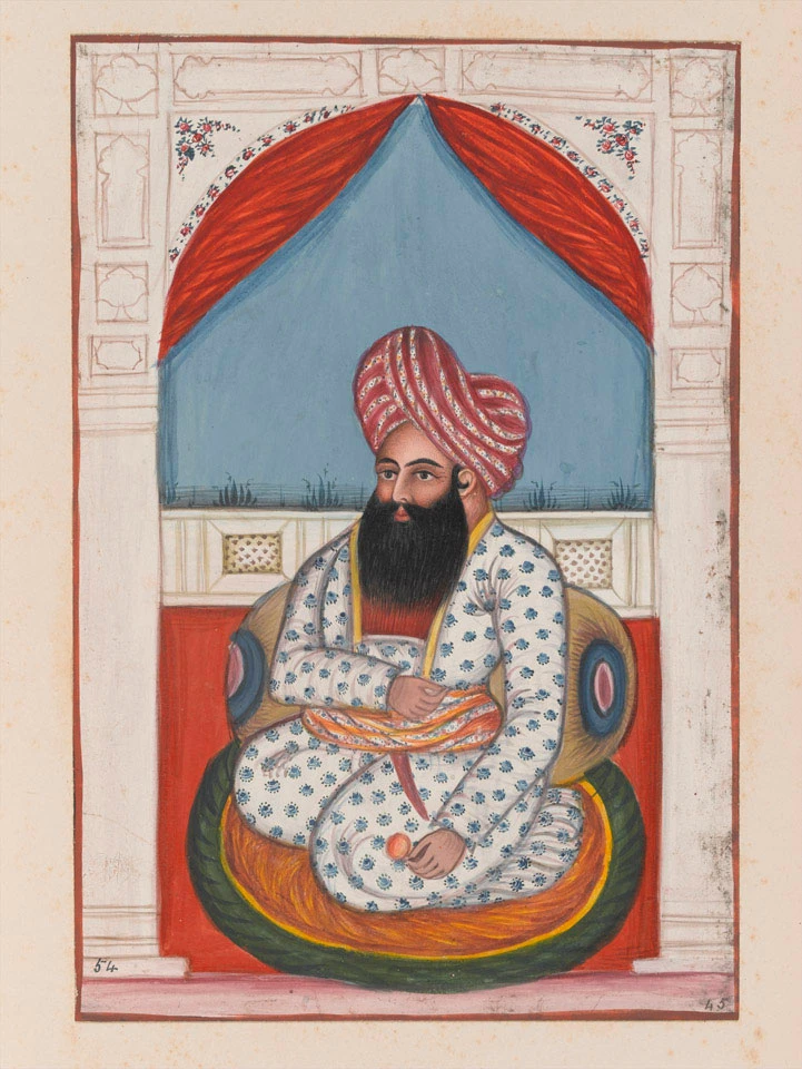 Watercolour portrait of a seated ruler.