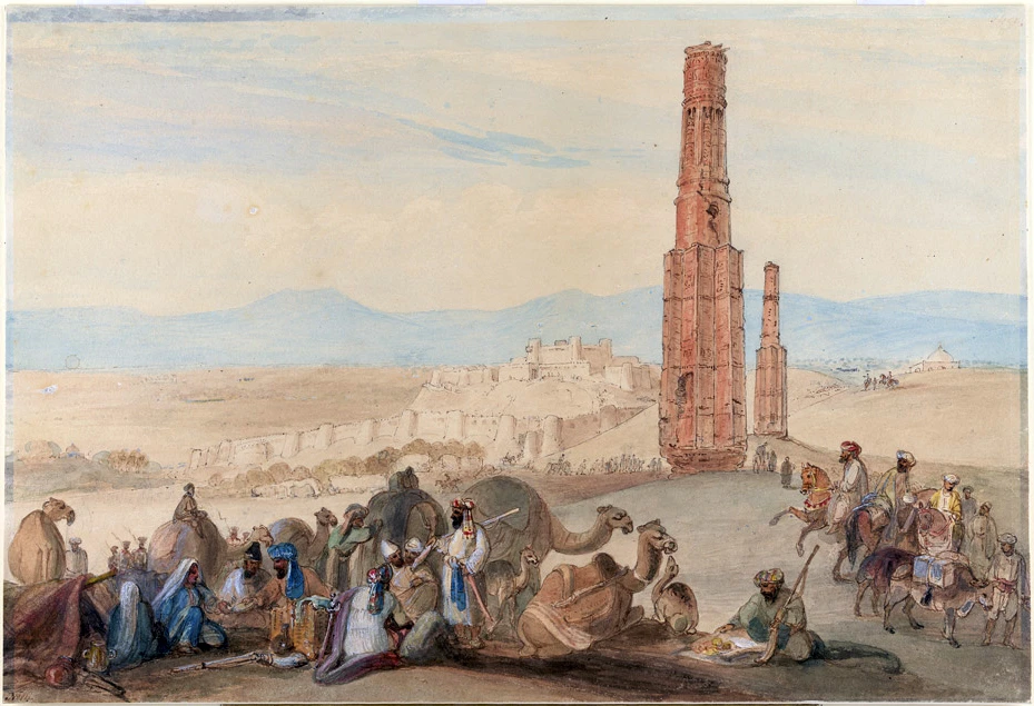 A painting of the fortress and citadel of Ghazni with two tall minarets.