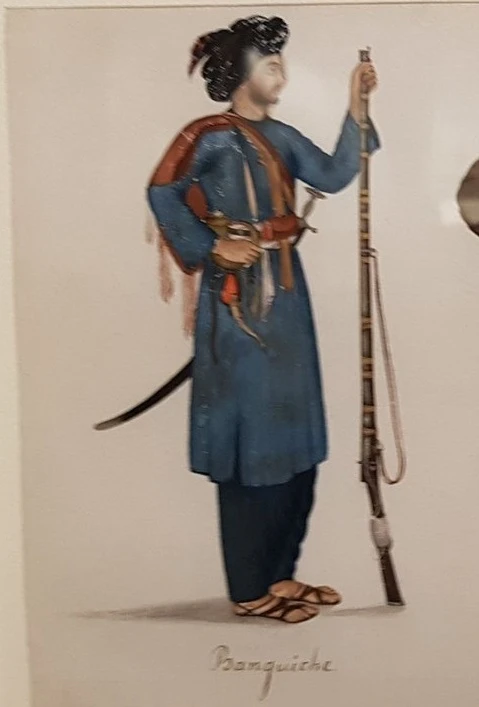 Painting of two men in turbans and long shirts, one holding a weapon