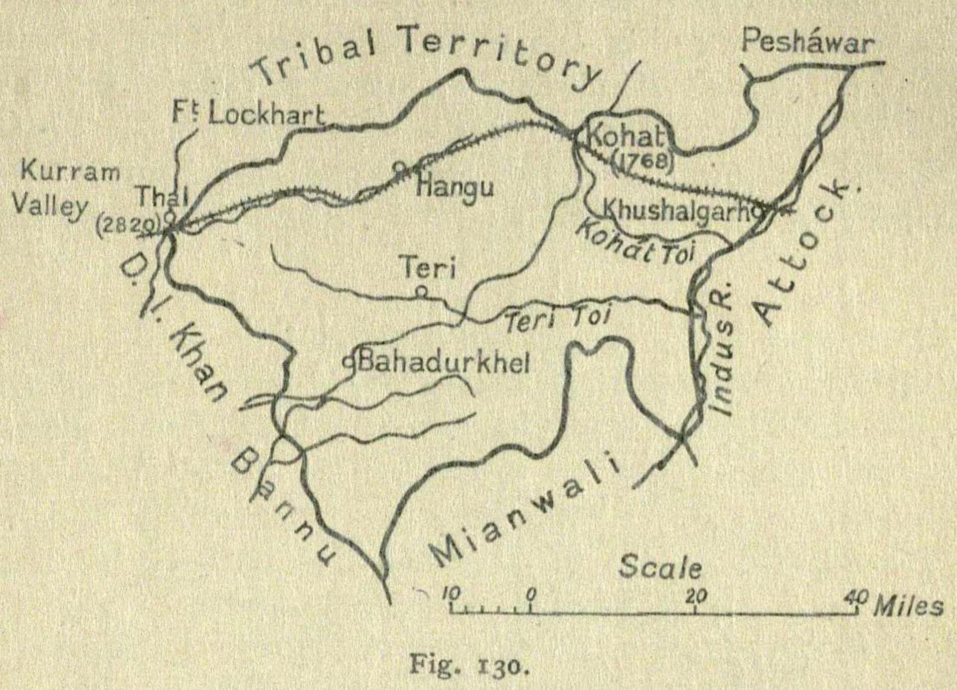 Map of Kohat district showing Kohat, Hangu, Thal and the Miranzai valley