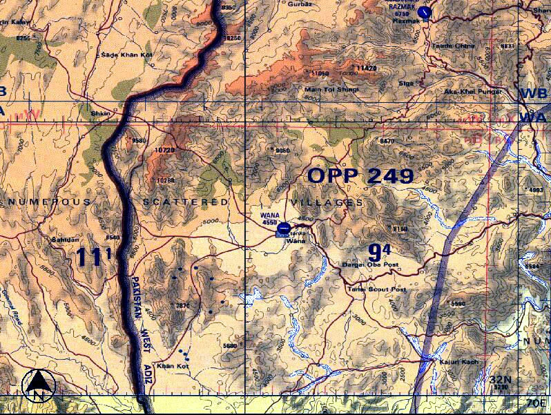 Topographic chart of the Wana area and the Afghan border