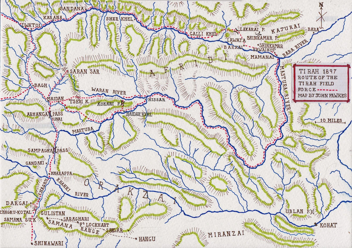 Map of Tirah showing the valleys, passes and the routes of the Tirah Field Force