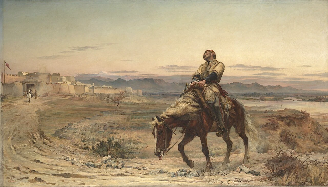 A painting of an exhausted rider on a collapsing horse approaching the walls of Jalalabad.